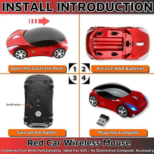 Alt view image 6 of 6 - Cute Mouse Wireless RedCar Mouse 1600DPI 2.4G with USB Reciver for Computer Wireless Computer Mouse Wireless USB Wireless Mouse for Windows for Mac OS for Laptop Computer TabletRed