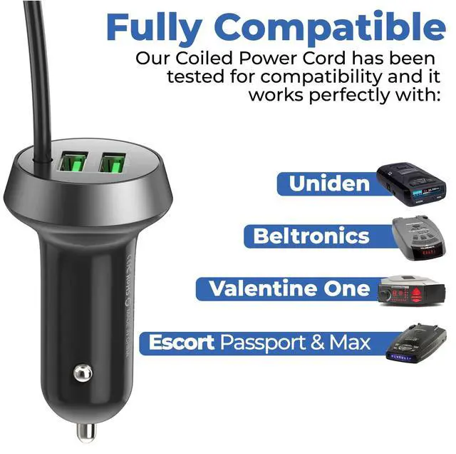 Alt view image 2 of 7 - Radar Detector Power Cord with Dual USB Charger Ports - Replacement Power Adapter Compatible with Valentine One, Escort, Passport, Uniden R3/R4/R7/R8, and Beltronics Radar Detectors