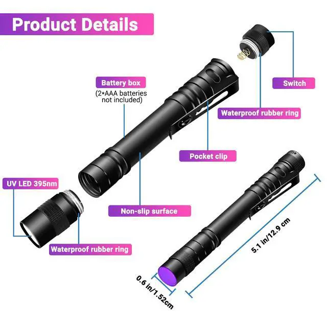 Alt view image 2 of 7 - UV Black Light Flashlight Mini, 395nm Pen Light with Clip, Ultraviolet Blacklight for Pet Urine Detection, Waterproof Detector Light for Dry Stains, Bed Bug, Scorpion, Hotel Inspection-2 Pack