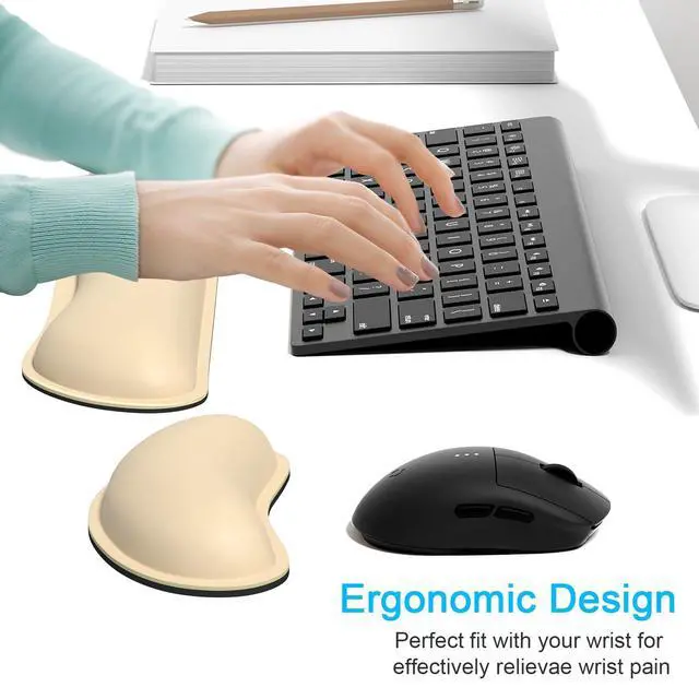 Alt view image 2 of 7 - Keyboard Wrist Rest Set, Cute PU Leather Wrist Cushion for Computer Keyboard and Mousepad, Memory Foam Mouse Pad Rests Support with Non-Slip Base for Typing Pain Relief Laptop, Colonial White