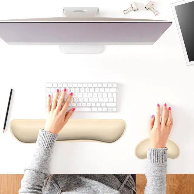 Alt view image 7 of 7 - Keyboard Wrist Rest Set, Cute PU Leather Wrist Cushion for Computer Keyboard and Mousepad, Memory Foam Mouse Pad Rests Support with Non-Slip Base for Typing Pain Relief Laptop, Colonial White