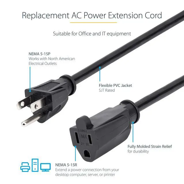 Alt view image 2 of 4 - 3ft (1m) Power Extension Cord, NEMA 5-15R to NEMA 5-15P Black Extension Cord, 13A 125V, 16AWG, Outlet Extension Power Cable, NEMA 5-15R to NEMA 5-15P AC Power Cord - UL Listed (PAC1013)