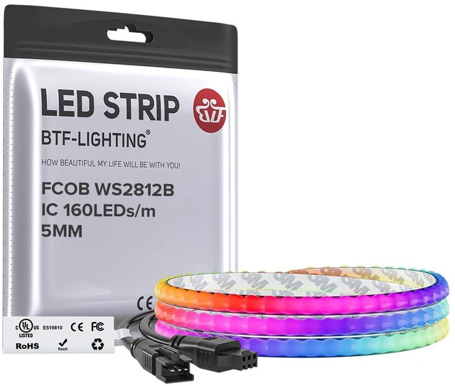 Main image of FCOB COB WS2812B IC RGB LED Strip DC5V 3.2FT 160LED 5mm IP30 | Individual Addressable UL Listed Dream Color High Density Tape Light For Decor(No Adapter or Controller)