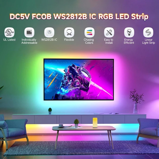 Alt view image 6 of 7 - FCOB COB WS2812B IC RGB LED Strip DC5V 16.4FT 800LED 10mm IP30 Individual Addressable UL Listed Dream Color High Density Tape Light For Decor(No Adapter or Controller)