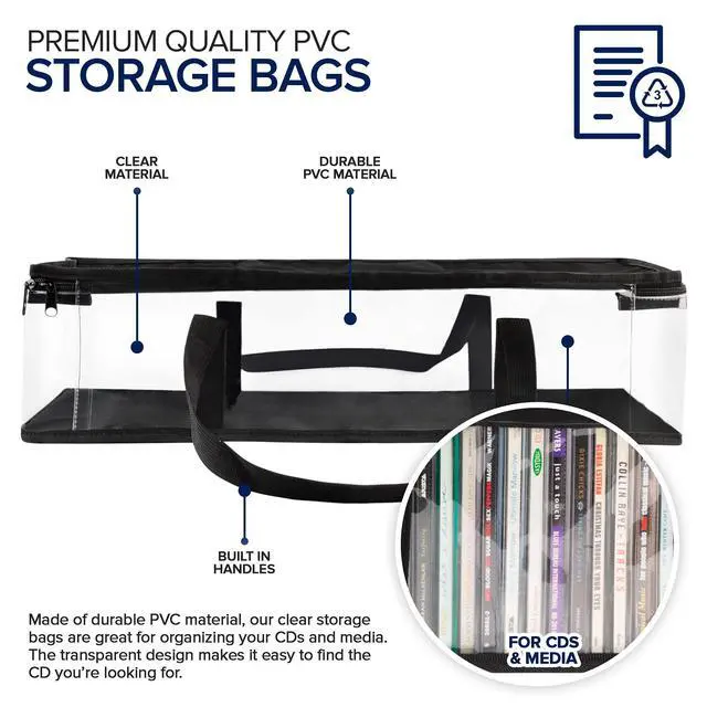 Alt view image 2 of 6 - CD Storage Bags (2 Pack) - Transparent PVC Media Storage - Water Resistant Holder Case With Handles - Clear Plastic Carrying Game Bag for Albums, Video Games, Books