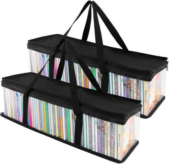 Main image of CD Storage Bags (2 Pack) - Transparent PVC Media Storage - Water Resistant Holder Case With Handles - Clear Plastic Carrying Game Bag for Albums, Video Games, Books