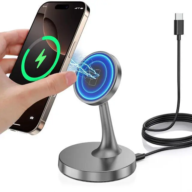 Main image of Magnetic Wireless Charger iPhone Stand, 15W Fast Mag-Safe Charger iPhone 17/17 Air/17 Pro/17 Pro Max 16/15/14/13/12 Series Magnet Wireless Charging Station/Pad/AirPods for Home, Office, Travel