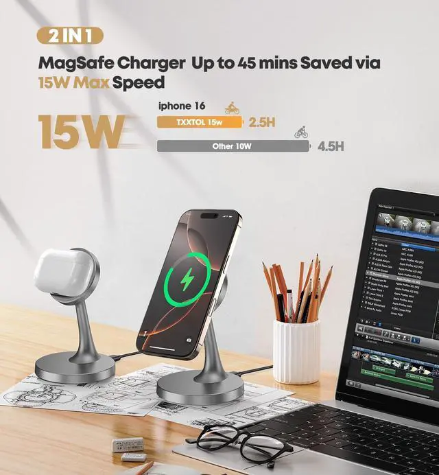 Alt view image 3 of 7 - Magnetic Wireless Charger iPhone Stand, 15W Fast Mag-Safe Charger iPhone 17/17 Air/17 Pro/17 Pro Max 16/15/14/13/12 Series Magnet Wireless Charging Station/Pad/AirPods for Home, Office, Travel