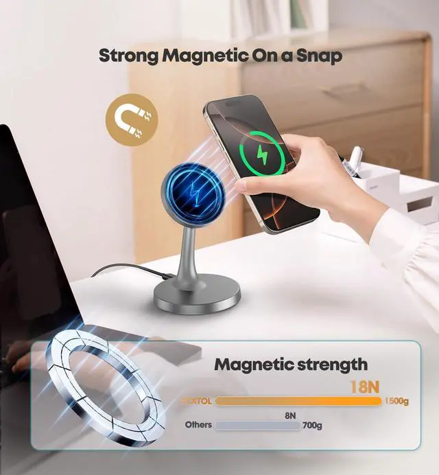 Alt view image 4 of 7 - Magnetic Wireless Charger iPhone Stand, 15W Fast Mag-Safe Charger iPhone 17/17 Air/17 Pro/17 Pro Max 16/15/14/13/12 Series Magnet Wireless Charging Station/Pad/AirPods for Home, Office, Travel