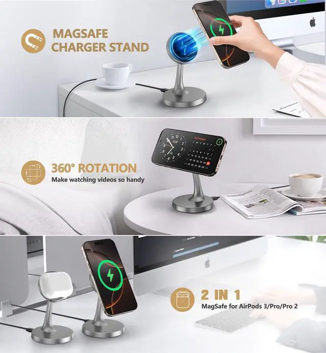 Alt view image 5 of 7 - Magnetic Wireless Charger iPhone Stand, 15W Fast Mag-Safe Charger iPhone 17/17 Air/17 Pro/17 Pro Max 16/15/14/13/12 Series Magnet Wireless Charging Station/Pad/AirPods for Home, Office, Travel