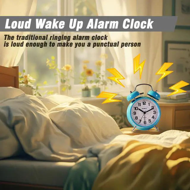 Alt view image 2 of 5 - Super Loud Twin Bell Alarm Clock for Heavy Sleepers, 4-Inch Silent Non-Ticking Quartz with Backlight, Metal Cute Clock for Kids' Rooms (Sky Blue)