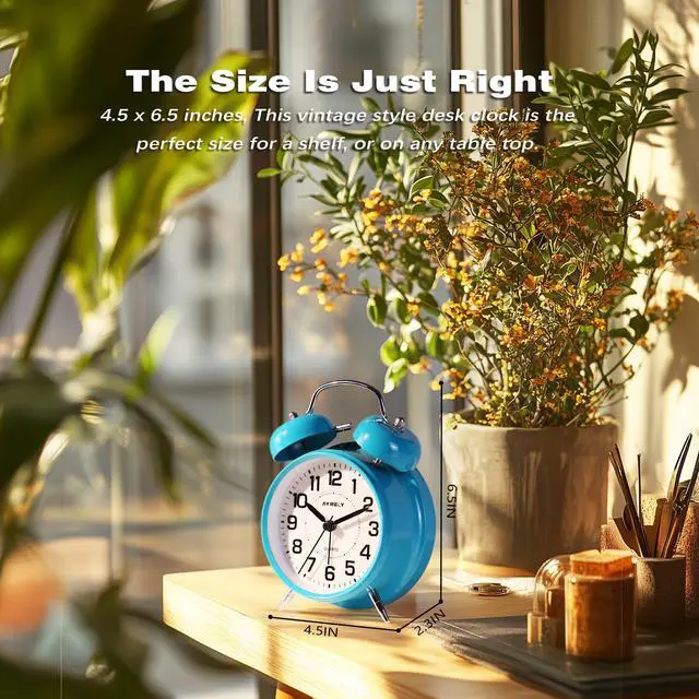 Alt view image 3 of 5 - Super Loud Twin Bell Alarm Clock for Heavy Sleepers, 4-Inch Silent Non-Ticking Quartz with Backlight, Metal Cute Clock for Kids' Rooms (Sky Blue)
