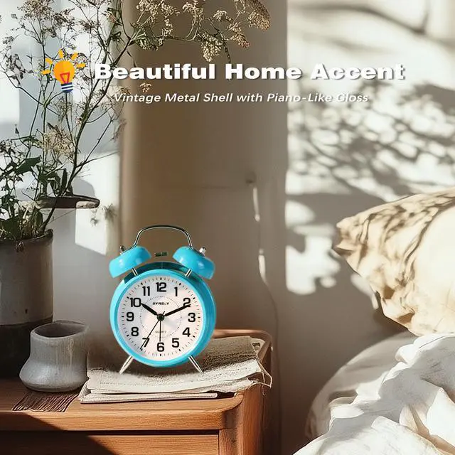 Alt view image 4 of 5 - Super Loud Twin Bell Alarm Clock for Heavy Sleepers, 4-Inch Silent Non-Ticking Quartz with Backlight, Metal Cute Clock for Kids' Rooms (Sky Blue)