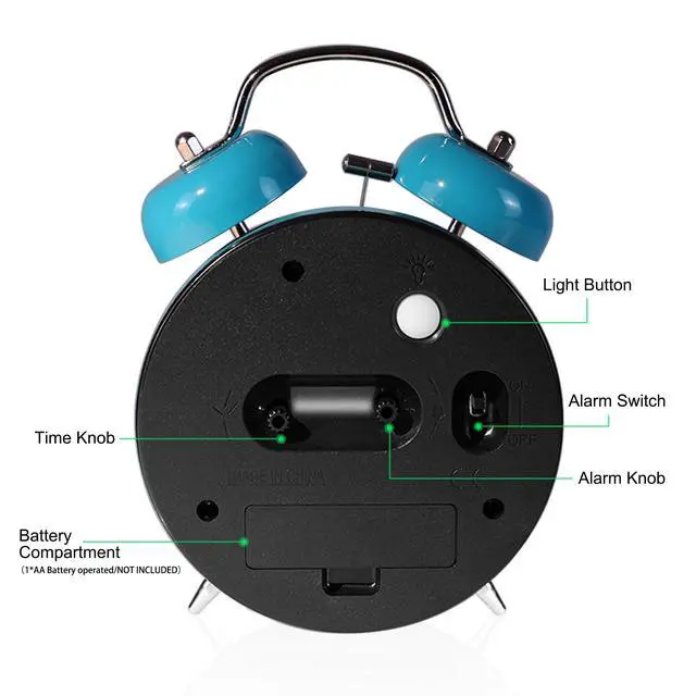Alt view image 5 of 5 - Super Loud Twin Bell Alarm Clock for Heavy Sleepers, 4-Inch Silent Non-Ticking Quartz with Backlight, Metal Cute Clock for Kids' Rooms (Sky Blue)