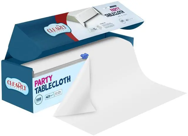 Main image of White Plastic Tablecloth Roll with Cutter, 423 Sq.Ft (52"x1181") Extra Large Disposable Picnic Table Cover, Plastic Table Cloth Disposable for Parties, Events and Outdoor Gatherings