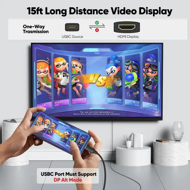 Alt view image 2 of 7 - USB C to HDMI Cable 15ft Long, 4K@30Hz 1080P@120Hz One-Directional USBC to HDMI Cord, Thunderbolt 3/4 Compatible iPhone 17/16/15 MacBook Pro/Air iPad Galaxy S25/S24/S23 TV Monitor Projector