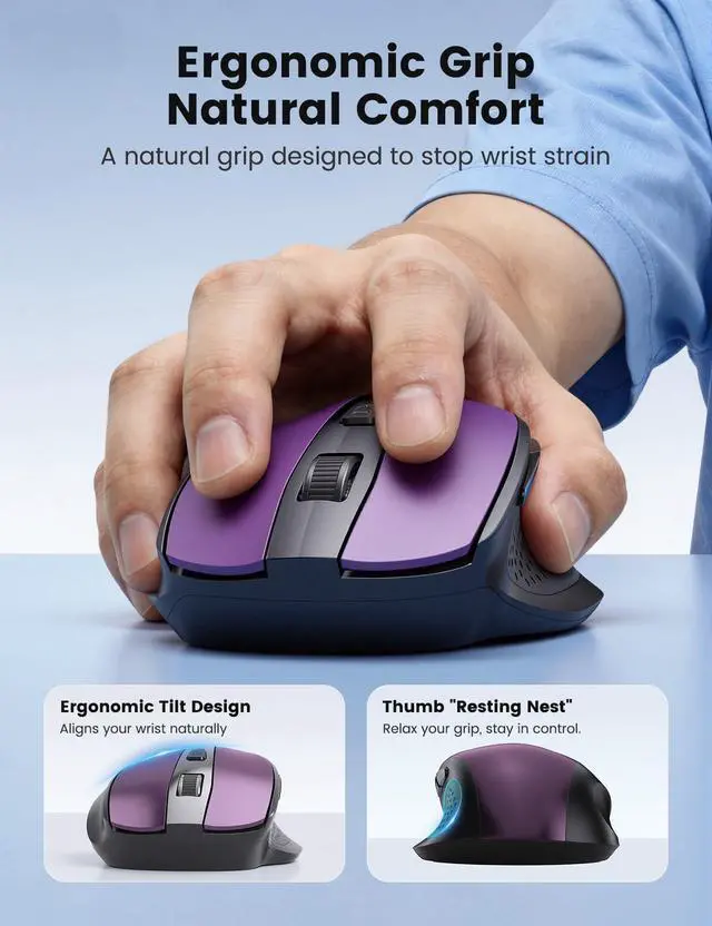 Alt view image 2 of 7 - Purple Wireless Mouse for Laptop, 2.4GHz Computer Mouse with USB-A&C Receiver, Office Cordless Mice with 6 Buttons & 3 Level DPI for Small to Medium Hands, Compatible with PC, Desktop, Tablet
