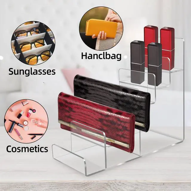 Alt view image 4 of 7 - Acrylic Wallet Display Stand Purse Handbag Organizer, Clear Jewelry Riser Display Stand Purse Display Rack, Acrylic Display Shelf for Cosmetic Perfume Jewelry Sunglasses Handbag (4 Tier)