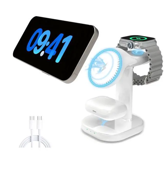 Main image of 3 in 1 Wireless Charging Station for Magsafe Charger Stand,Magnetic Phone Charger for iPhone,for Apple Watch,for Airpods,for Magsafe Charging Station (White)