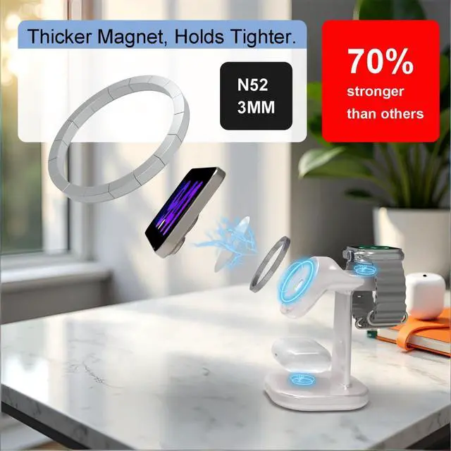 Alt view image 4 of 6 - 3 in 1 Wireless Charging Station for Magsafe Charger Stand,Magnetic Phone Charger for iPhone,for Apple Watch,for Airpods,for Magsafe Charging Station (White)