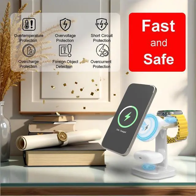Alt view image 3 of 6 - 3 in 1 Wireless Charging Station for Magsafe Charger Stand,Magnetic Phone Charger for iPhone,for Apple Watch,for Airpods,for Magsafe Charging Station (White)