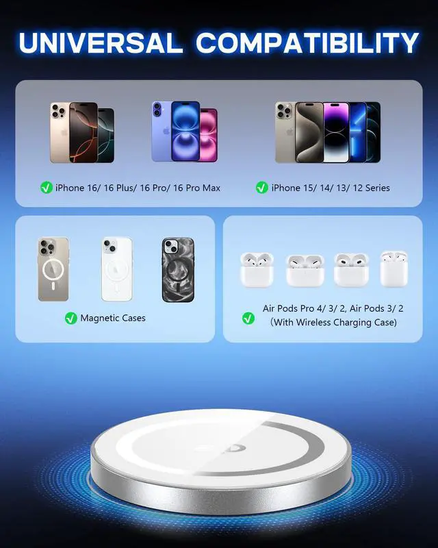 Alt view image 7 of 7 - for Mag-Safe Charger, Qi2 Certified Super Fast Wireless Charging Pad, Real 15W Magnetic Charging Compatible with iPhone 17/17 Pro/17 Pro Max/Air/16/15/14/13/12 Series(No Adapter)(Silver)