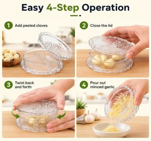 Alt view image 5 of 7 - 4 Pack Garlic Presses Clear, Manual Garlic Twister Masher,Plastic Garlic Grinder and Mincer Tool Dishwasher Safe & Easy to Clean Rotary Chopper for Garlic, Chili, Onion and Ginger
