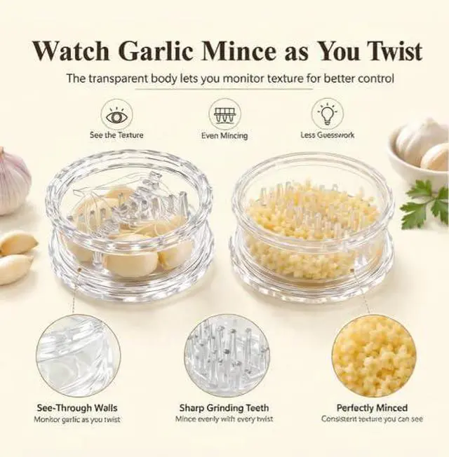 Alt view image 6 of 7 - 4 Pack Garlic Presses Clear, Manual Garlic Twister Masher,Plastic Garlic Grinder and Mincer Tool Dishwasher Safe & Easy to Clean Rotary Chopper for Garlic, Chili, Onion and Ginger
