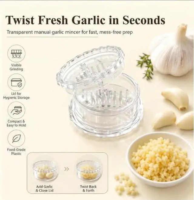 Alt view image 7 of 7 - 4 Pack Garlic Presses Clear, Manual Garlic Twister Masher,Plastic Garlic Grinder and Mincer Tool Dishwasher Safe & Easy to Clean Rotary Chopper for Garlic, Chili, Onion and Ginger