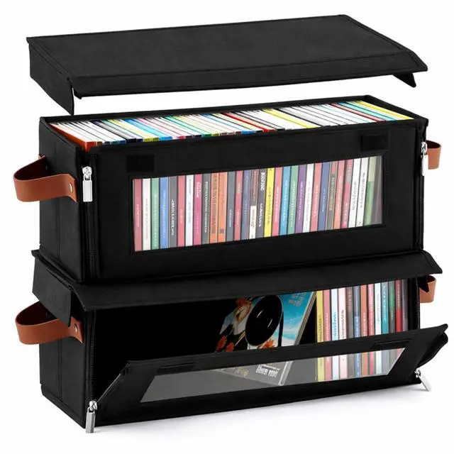 Main image of 2 Packs Cd Storage Box (15.7 x 6.5 x 6.1 Inch, Holds 60-74 Full Jewel Case Cds) with Visible Window, Stackable Holder with Front Zipper, Dustproof Lid & Handles