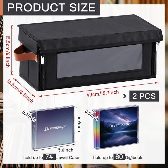Alt view image 2 of 7 - 2 Packs Cd Storage Box (15.7 x 6.5 x 6.1 Inch, Holds 60-74 Full Jewel Case Cds) with Visible Window, Stackable Holder with Front Zipper, Dustproof Lid & Handles