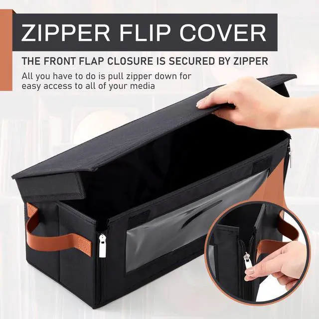 Alt view image 5 of 7 - 2 Packs Cd Storage Box (15.7 x 6.5 x 6.1 Inch, Holds 60-74 Full Jewel Case Cds) with Visible Window, Stackable Holder with Front Zipper, Dustproof Lid & Handles