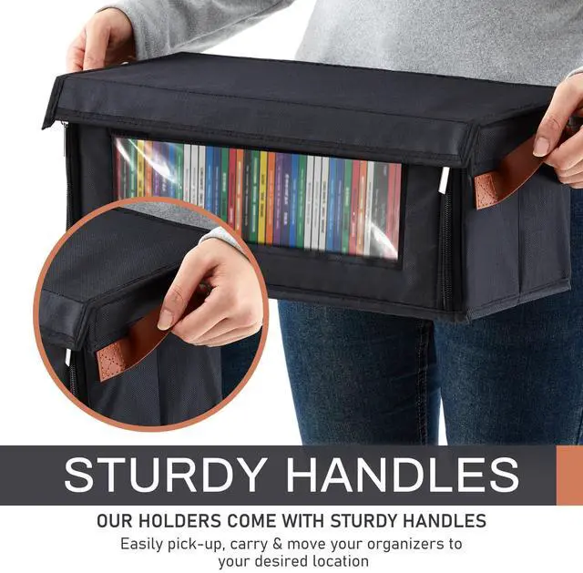 Alt view image 7 of 7 - 2 Packs Cd Storage Box (15.7 x 6.5 x 6.1 Inch, Holds 60-74 Full Jewel Case Cds) with Visible Window, Stackable Holder with Front Zipper, Dustproof Lid & Handles