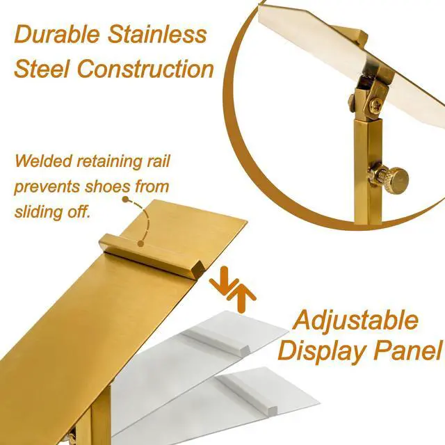 Alt view image 3 of 7 - 2 Pack Shoe Display Stand Stainless Steel, Gold Shoe Riser Adjustable Height, Metal High Heel Sandal Display Rack Holder for Home Closet, Boutique, Store