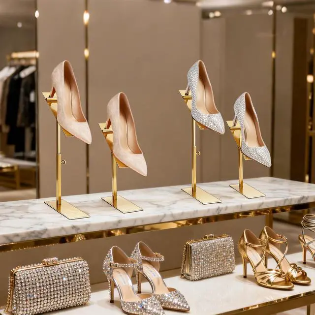 Alt view image 6 of 7 - 2 Pack Shoe Display Stand Stainless Steel, Gold Shoe Riser Adjustable Height, Metal High Heel Sandal Display Rack Holder for Home Closet, Boutique, Store