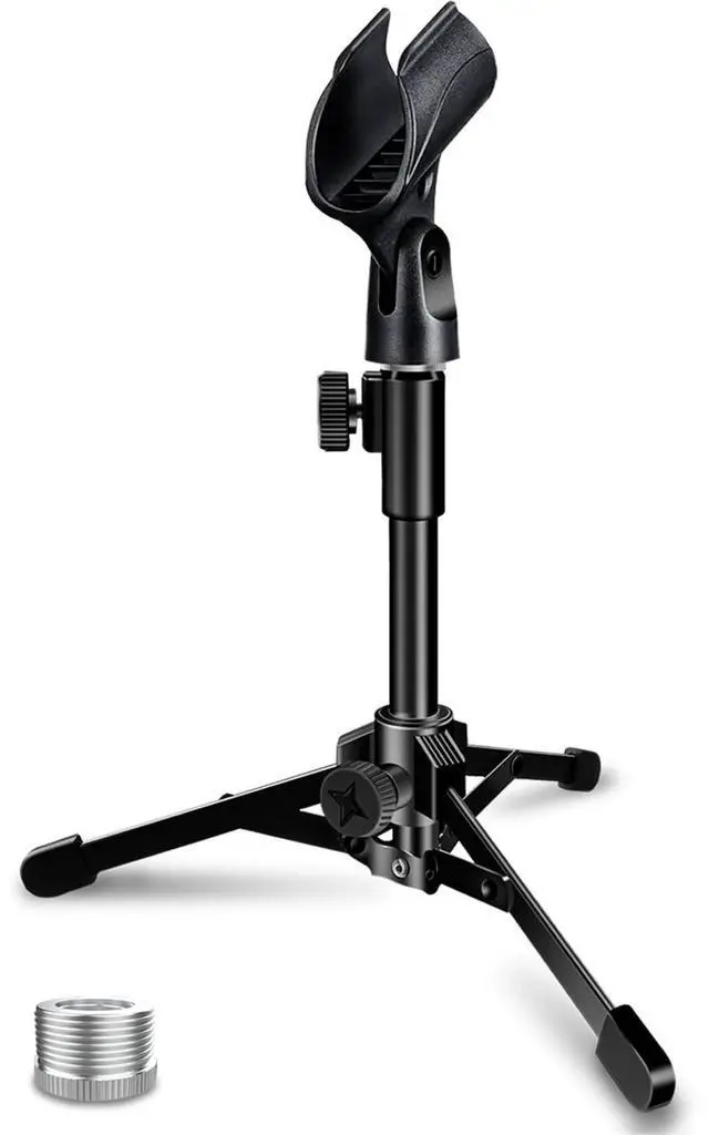 Main image of Desktop Mic Stand Portable Foldable Tripod with Mic Clip Holder and 5/8" Male to 3/8" Female Screw Adjustable Microphone Stand.