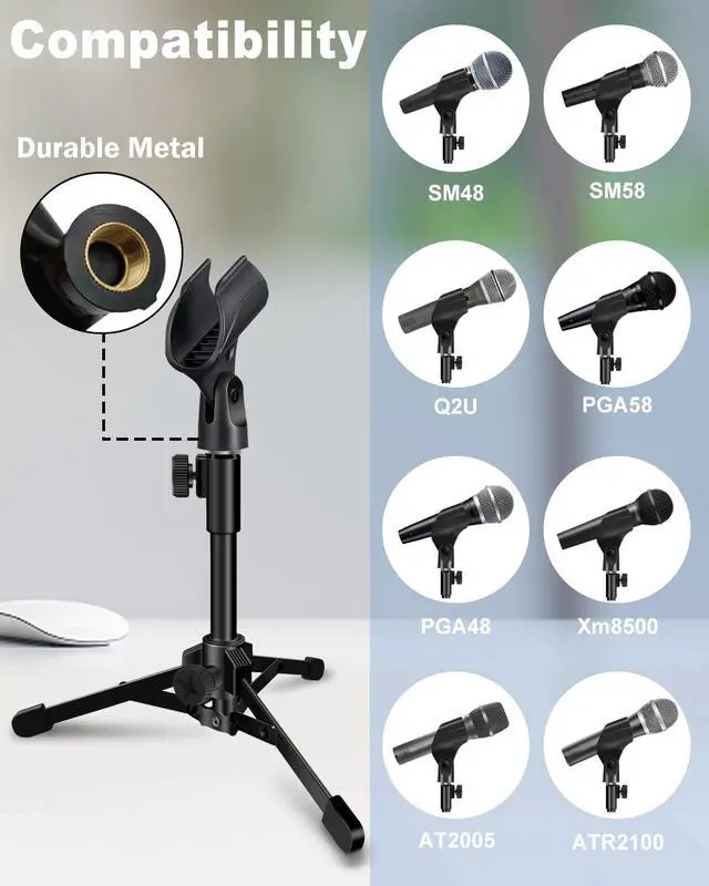 Alt view image 2 of 7 - Desktop Mic Stand Portable Foldable Tripod with Mic Clip Holder and 5/8" Male to 3/8" Female Screw Adjustable Microphone Stand.