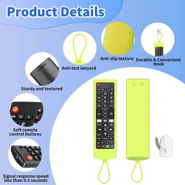Alt view image 5 of 7 - (Pack of 3) Replacement Remote Fit LG TV Remote with Anti-Lost Glow Protective Silicone Cover & Hook, Universal for LG All Smart LCD LED HDTV UHD OLED 3D 4K TVs(Blue&Yellow&Dark Pink)