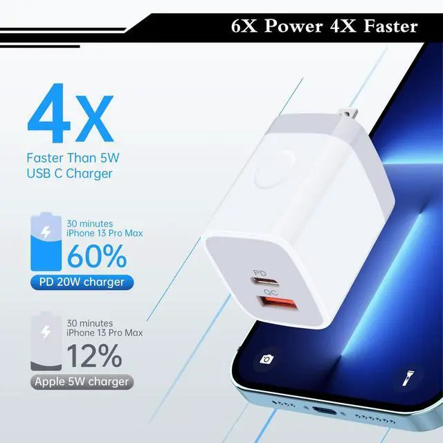 Alt view image 3 of 7 - 20W Fast USB C Charger for Pixel 9 8 7 6 Pro 8a 7a 6a,Dual Port PD 3.0 Type C Wall Charger Plug Quick Charging Block for iPhone 16 15 14 13 12 11 Pro Max,SE,8,Samsung Galaxy S24 S23 S22 Ultra S21 S20