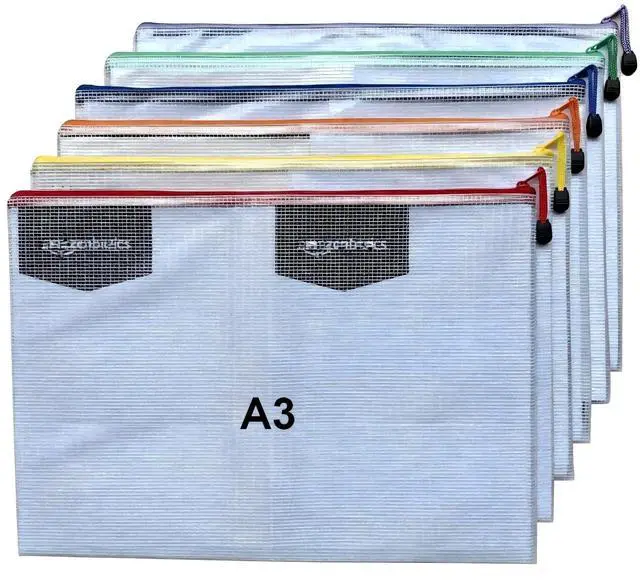 Main image of 6pcs Mesh Zipper Pouch Bags, A3 17x12 Inches Large Reusable Plastic Zipper Pouches Bag for Organizing Office, File, School, Classroom, Cross Stitch Projects, Puzzle & Board Game Storage Bags