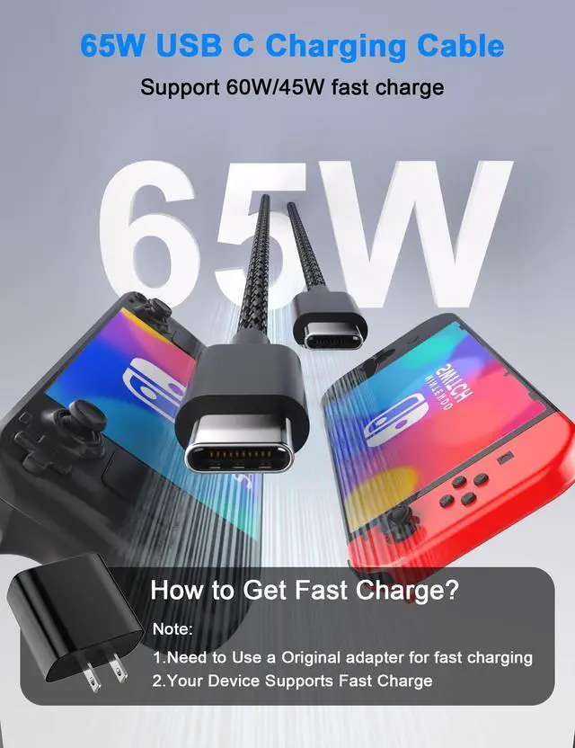 Alt view image 2 of 7 - 65W USB C to USB C Cable 6FT Fast Charging Cord for ASUS ROG Ally X