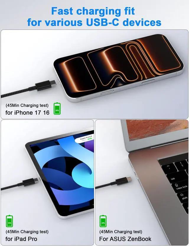 Alt view image 4 of 7 - 65W USB C to USB C Cable 6FT Fast Charging Cord for ASUS ROG Ally X