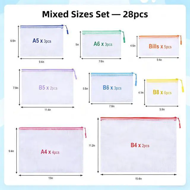 Alt view image 2 of 7 - 28Pcs Mesh Zipper Pouch Bags for Organizing, Waterproof Zipper Pouches in 8 Sizes, Multipurpose Mesh Pouch and Zipper Bags for Documents, School, Office, Home, and Travel Storage