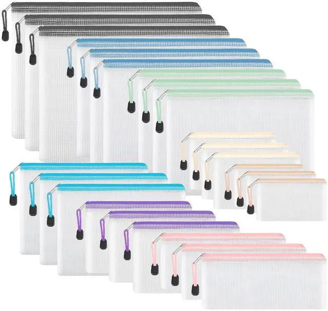 Main image of 24pcs Mesh Zipper Pouch, Waterproof Zipper Bags, 8 Sizes Plastic Travel Pouch, 8 Colors, Multipurpose for Office Supplies and Travel Storage