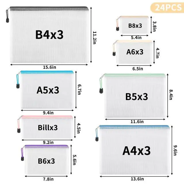 Alt view image 2 of 7 - 24pcs Mesh Zipper Pouch, Waterproof Zipper Bags, 8 Sizes Plastic Travel Pouch, 8 Colors, Multipurpose for Office Supplies and Travel Storage