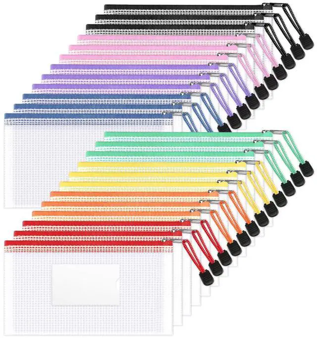 Main image of 24 Pack Mesh Zipper Pouch Bags with Label Pocket, A6 (9.1×4.7 in) Small Pencil Case Pouch for Organizing, Clear Plastic Pencil Pouches Bulk for School Supplies Storage, Money Envelopes for Cash