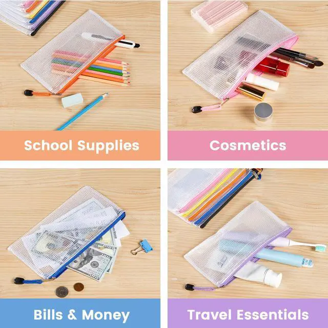 Alt view image 6 of 6 - 24 Pack Mesh Zipper Pouch Bags with Label Pocket, A6 (9.1×4.7 in) Small Pencil Case Pouch for Organizing, Clear Plastic Pencil Pouches Bulk for School Supplies Storage, Money Envelopes for Cash