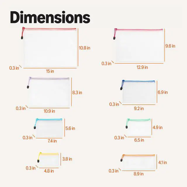 Alt view image 5 of 5 - 30-Pack Mesh Zipper Pouch Bags, 8 Sizes Assorted Colors Storage Organizers, Multipurpose Clear Travel Document Bags for Office Home School Organization