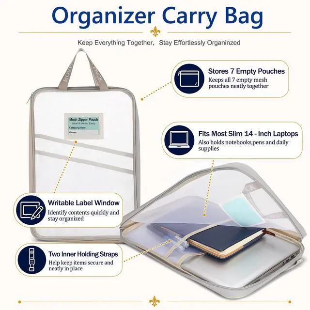 Alt view image 3 of 7 - 7 Pack PVC Mesh Zipper Pouch Set with 1 Organizer Bag A4/Letter Size Translucent File Bags Water-Resistant Plastic Document Pouches for Office College School & Travel Supplies (8pcs)