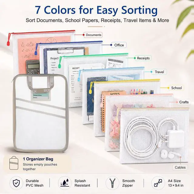 Alt view image 4 of 7 - 7 Pack PVC Mesh Zipper Pouch Set with 1 Organizer Bag A4/Letter Size Translucent File Bags Water-Resistant Plastic Document Pouches for Office College School & Travel Supplies (8pcs)